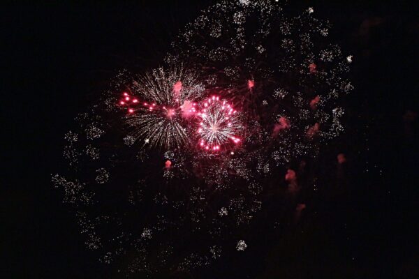 Red fireworks against a black sky